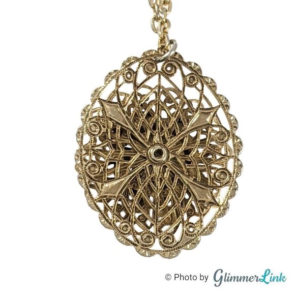 Vintage Layered Filigree Floral Oval Glass Moonstone Gold Tone Pendant Necklace - Picture 8 of 10